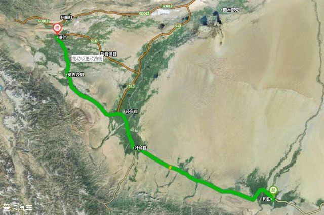 从卫星地图可以看到,和田位于沙漠的边缘,这一路基本都是在绕着沙漠走